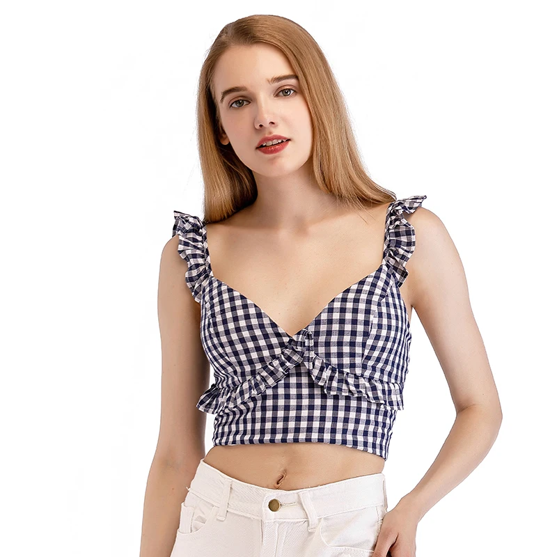 Женский топ с открытой спиной Only Plus летний короткий в клетку оборками v образным