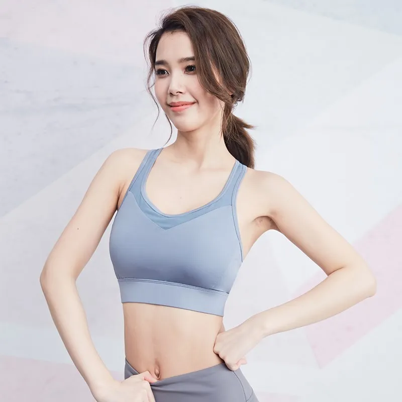 Vansydical Women Mesh Sports Bra V-Neck Yoga Tops Padded Athletic Gym Running Vests Push Up Fitness Workout Crop Tops