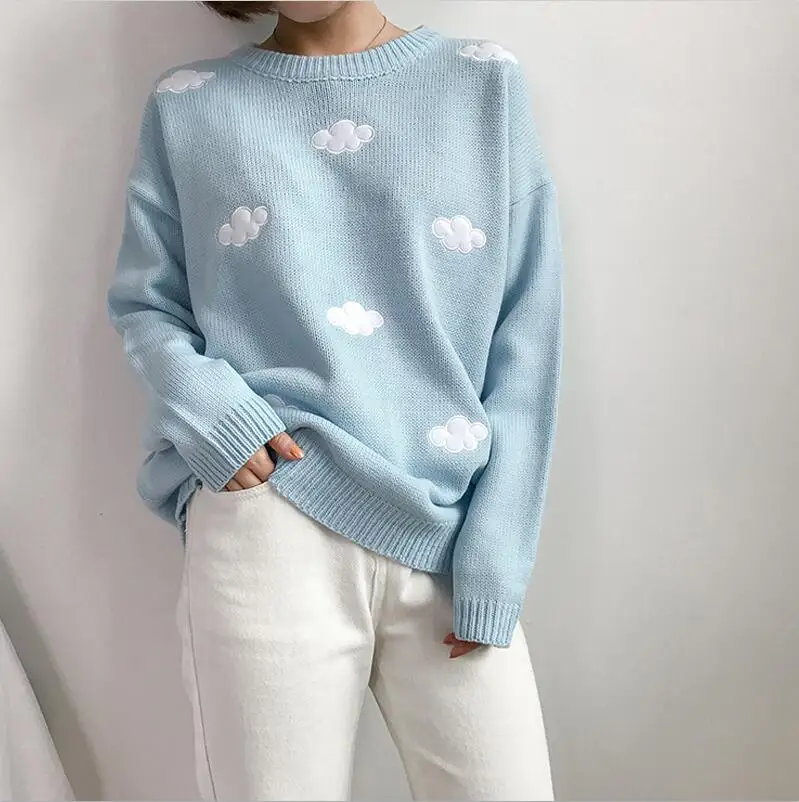 Небесно-голубой Женский свитер Kawaii Ulzzang в винтажном стиле для колледжа, свободный свитер с облаками, Женская Корейская розовая плотная свободная одежда Harajuku для женщин - Цвет: Небесно-голубой