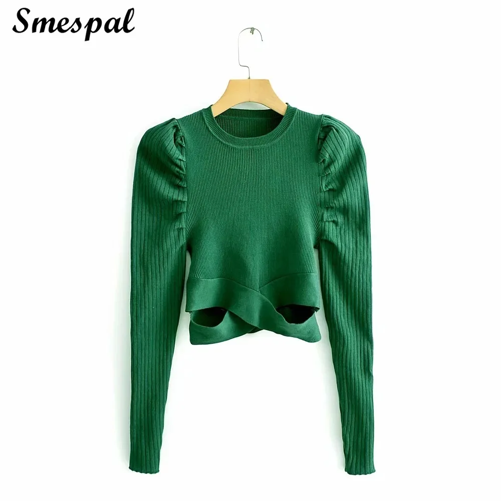 Женщины Slim Fit Crop трикотажные с длинным слоеным рукавом свитер рубашка в зеленом