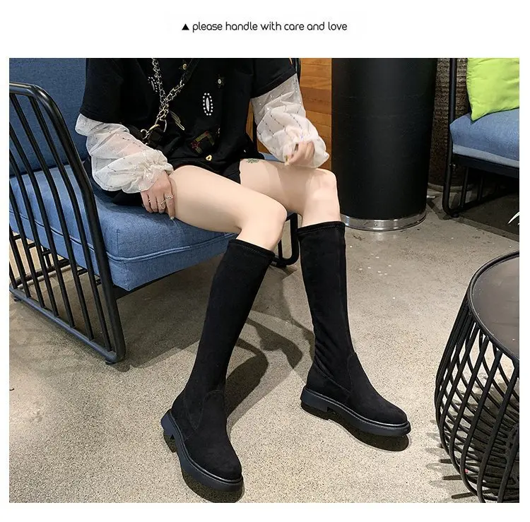 Классические женские сапоги до колена из флока осенне-зимние сапоги без застежки с круглым носком на плоской подошве женская обувь из хлопчатобумажной ткани в стиле ретро