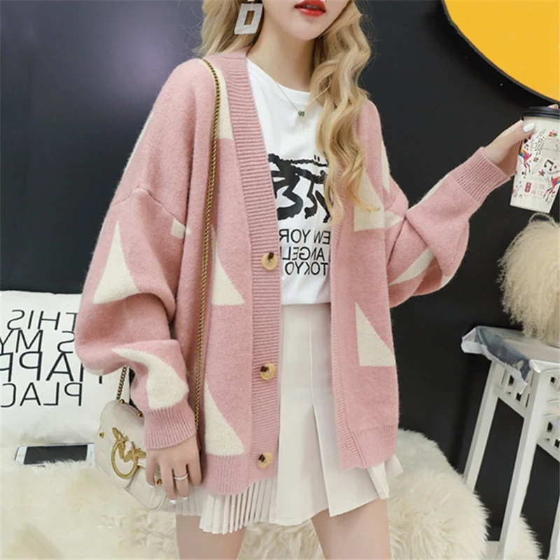 

Geometric Print Ladies Knitted Cardigan Female Casual Single Breasted Jumper 2019 Autumn Winter Oversized Women Sweater Tops