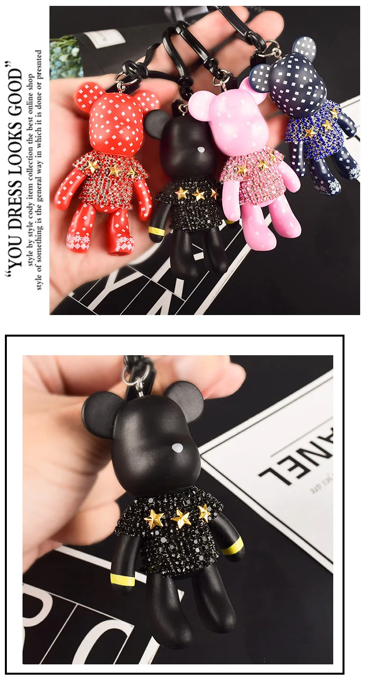 South Korea Creative Man-made Diamond Set Bear Car Key Ring Handbag Pendant Cute Clip Doll Machine Small Gifts Wholesale