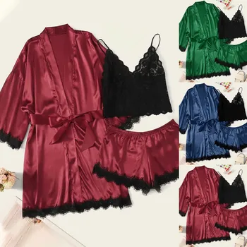 

2020 Women Pajamas Sets Satin Sleepwear Silk 3 Pieces Nightwear Pyjama Spaghetti Strap Lace Sleep Lounge shorts Pijama 20Jly6