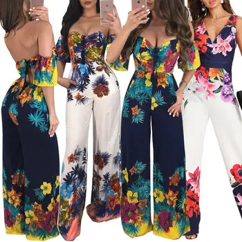 

Hot Sale Beach Women Off Shoulder Clubwear Floral Print Playsuit Casual Short Sleeve Party Jumpsuit Romper