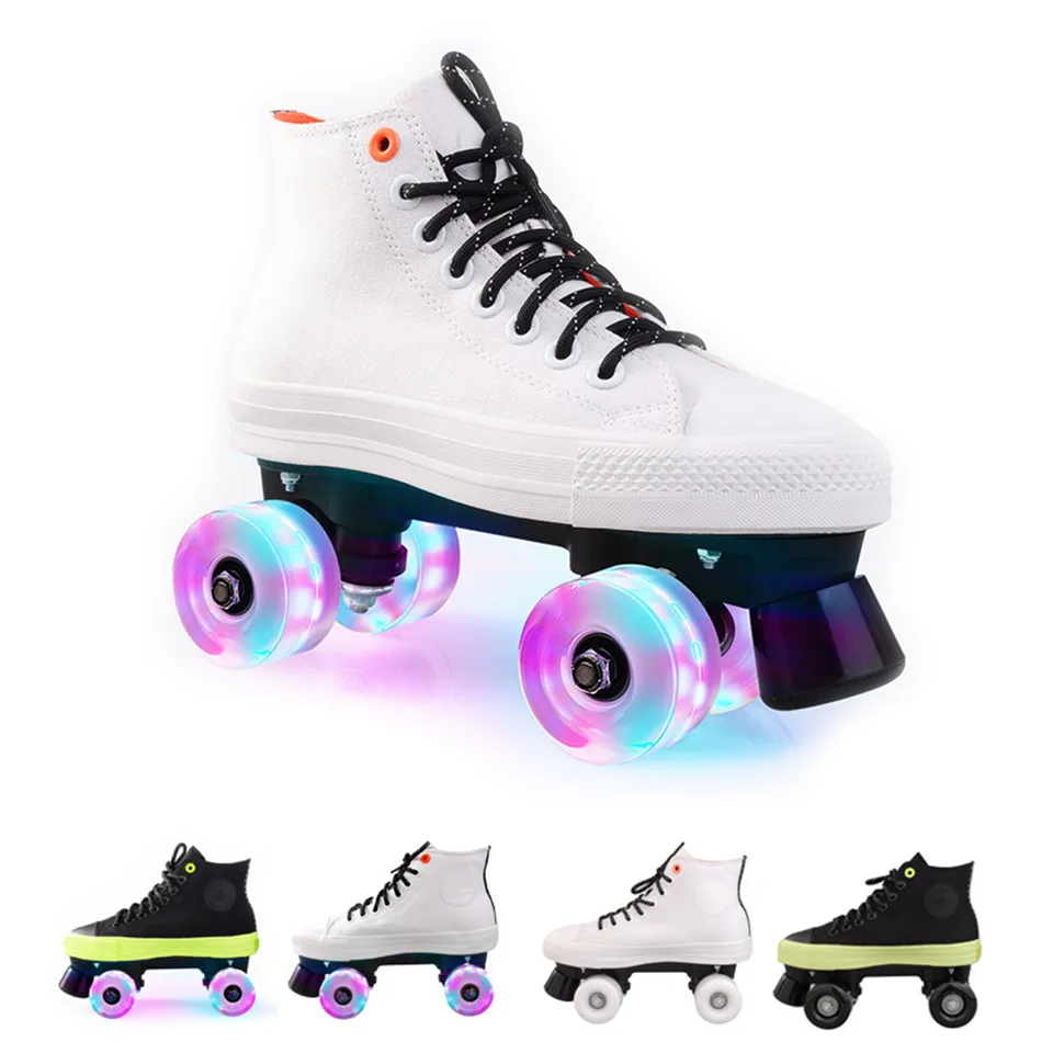 Color : White, Size : 35 Professional Adult Quad Skates Men/Women Double Row Roller Skates Unisex Canvas Shoes Two Line Flashing Wheels Sports Outdoors Casual Fitness 