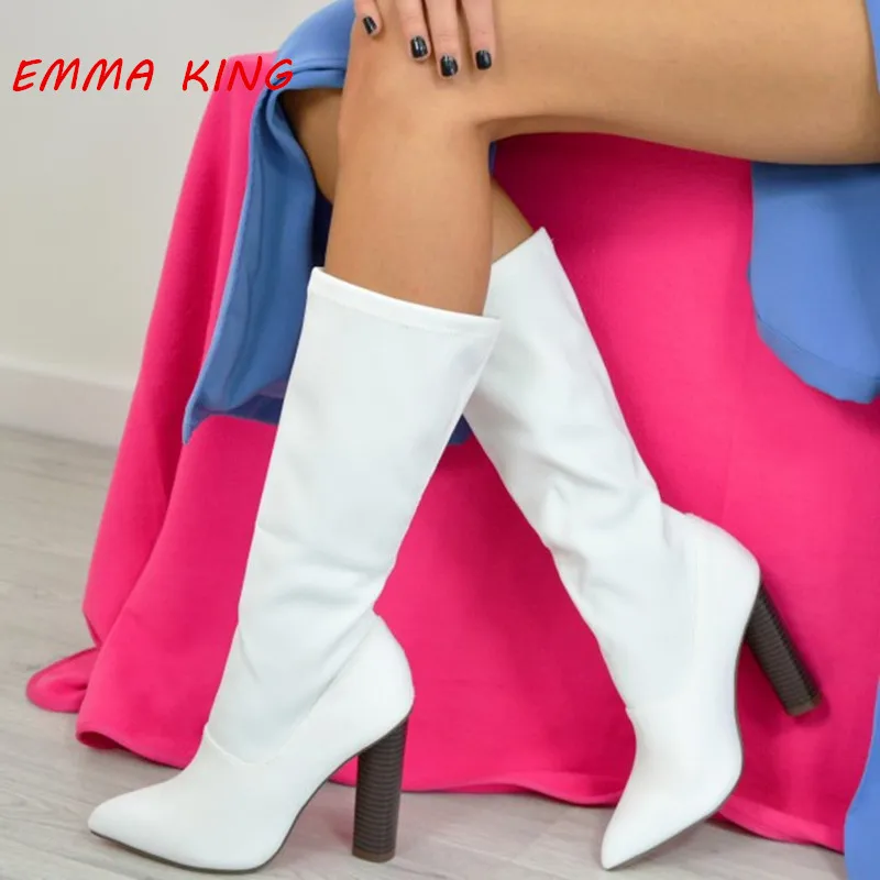 

White Leather Chunky High Heels Knight Boots Pointed Toe Slip-On Style Fashion Long Boots 2020 Spring Winter Knee High Boots