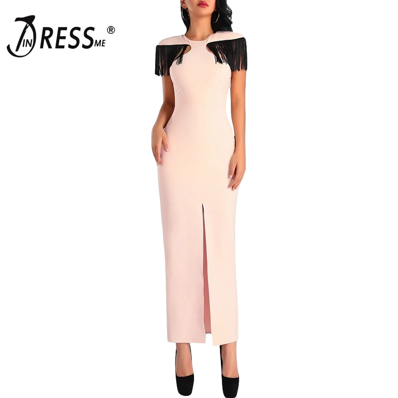 INDRESSME, новинка, Vestidos, женское сексуальное платье с круглым вырезом, кисточками, коротким рукавом, спереди, Jag, облегающее платье, вечерние, для клуба, длинное платье