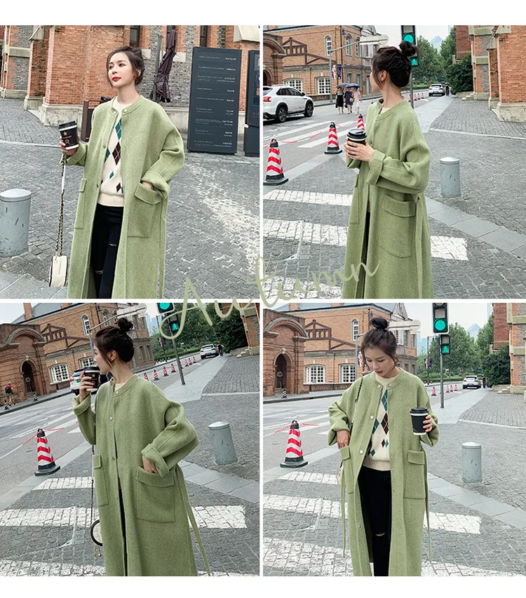 Acz19 Winter Hat Removable Shoulder Green Woolen Jacket Korean-style Loose And Plus-sized Hooded Long Woolen Overcoat