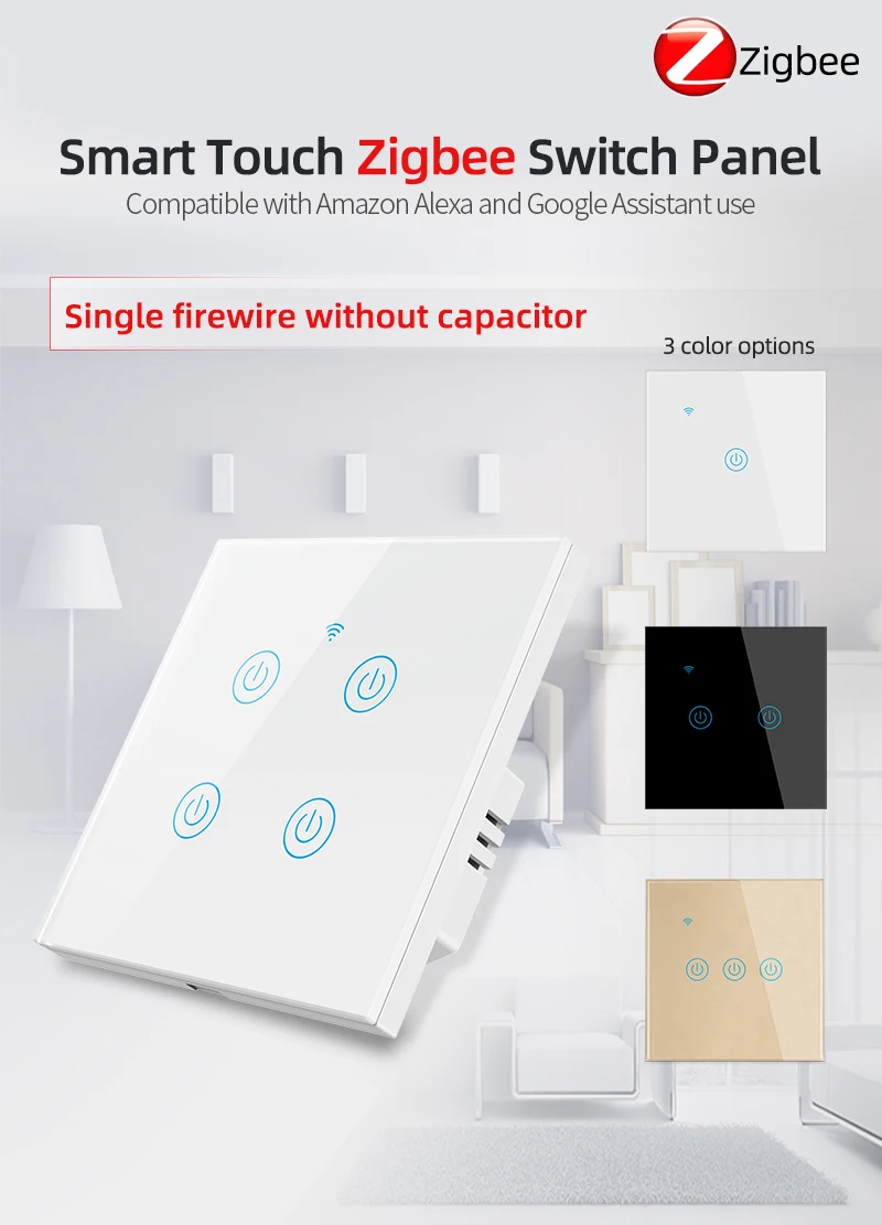 Interrupteur mural tactile intelligent TUYA Zigbee, aucun fil neutre et N + L requis, Compatible avec Alexa Google Home