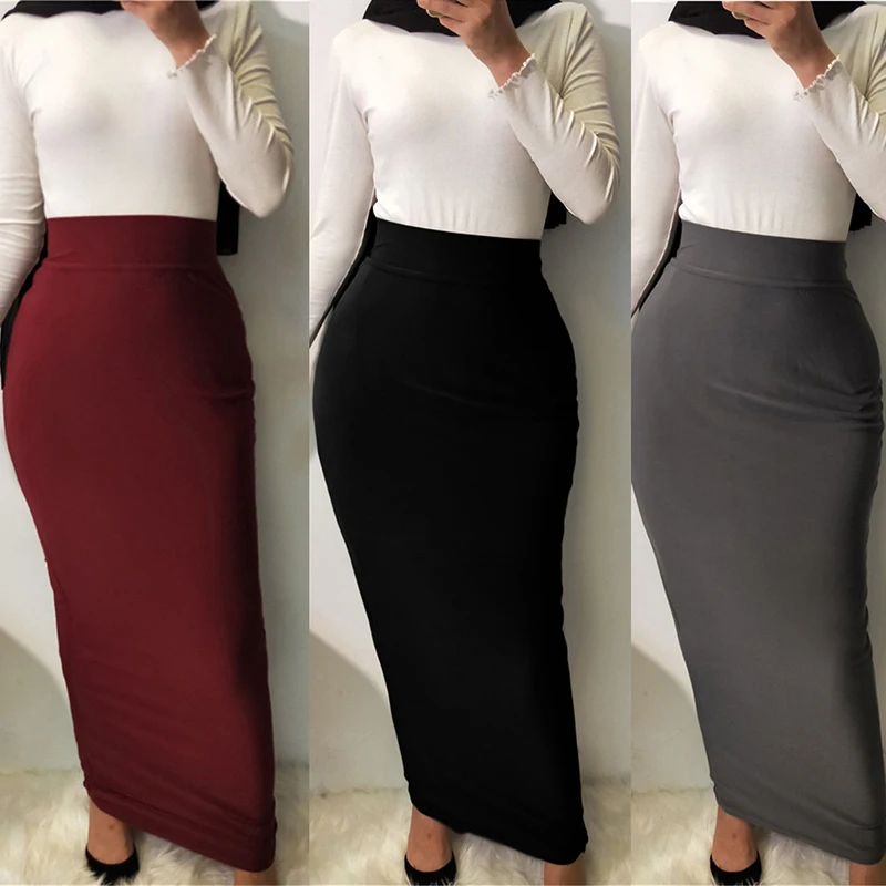 Falda larga elástica ajustada para falda larga de musulmana, versátil, ajustada, de cintura alta, islámica, turca, Dubai - AliExpress Ropa de mujer