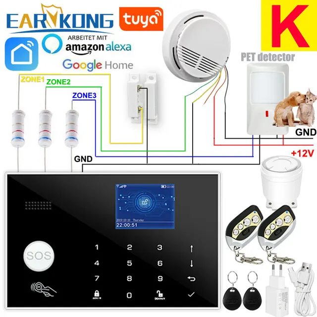 Wifi GSM Alarm System 433MHz Home Burglar Security Alarm Wireless Wired Detector RFID Touch Keyboard Temperature Humidity Alexa K