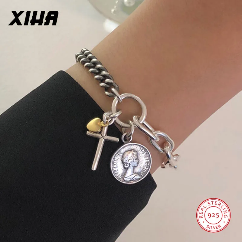 Кубинская цепь королева елизания Монета браслет для женщин 925 пробы Серебряный Готический гравированный персонализированный крест сердце Шарм Браслет
