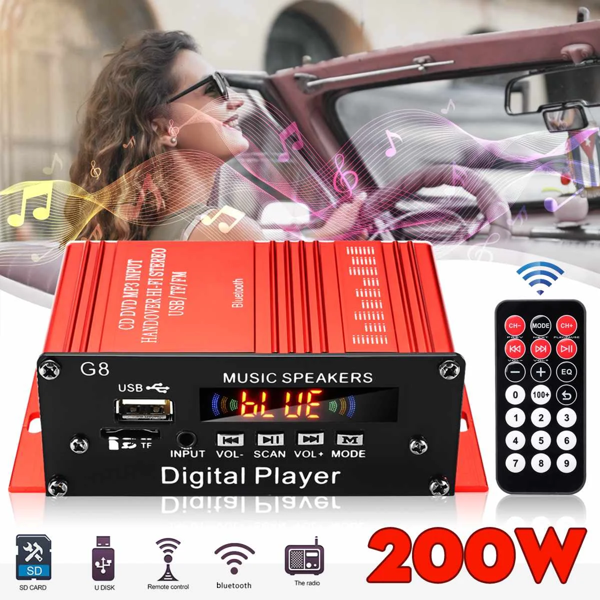 

2 Channel 12V HIFI Car Audio Powers Amplifier bluetooth Stereo Home Theater Amplifiers Car Amplificador FM Radio Music Player