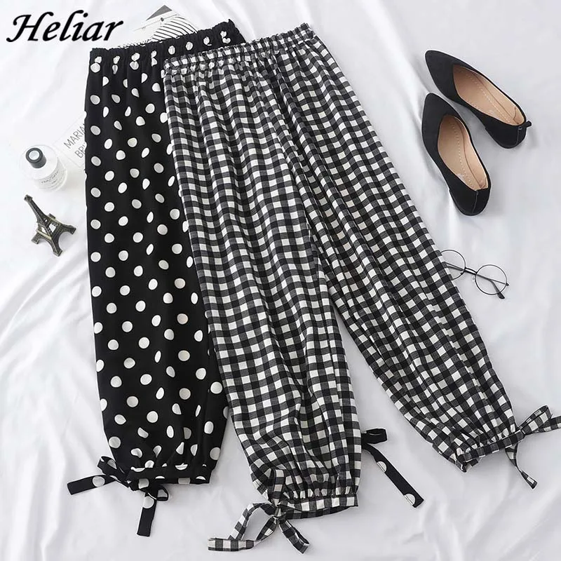 

HELIAR Wide Leg Pants Female Autumn Polka Dot Tied Loose Mid Elastic Waist Pants Plus Size Striped Trousers For Women Trousers