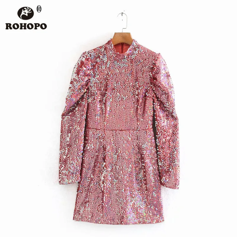 ROHOPO, розовое мини-платье с круглым вырезом и блестками, пышное, с длинным рукавом, на молнии сзади, женские сексуальные вечерние платья с блестками, Vestido#6295 - Цвет: As Picture