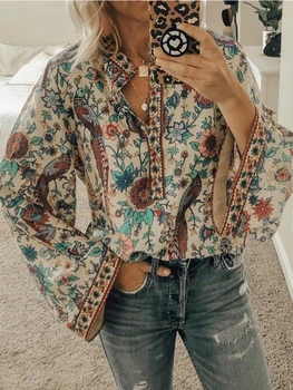 

S-5XL Spring 2020 New Casual Peacock Print Loose T Shirt Women Long Sleeve Vintage Shirt Loose Hip Women Clothing Female Tops
