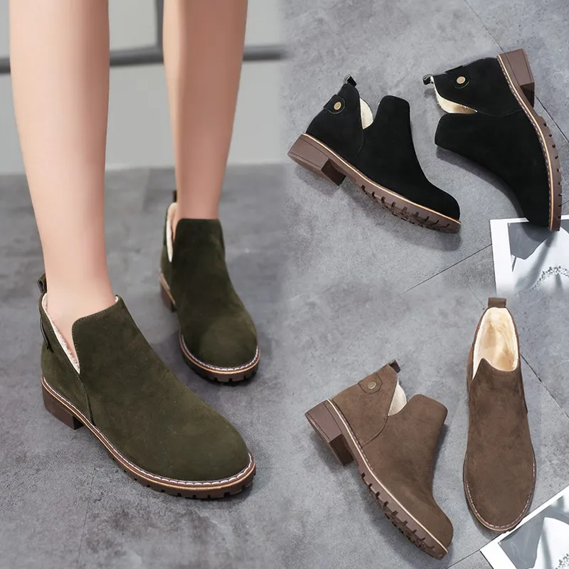 

Round Toe PU Fashion Ankle Boots Women Med Sewing Platform Solid Chelsea Boots Square Heel Slip-On Casual Winter Shoes Plus Size