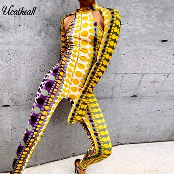 

Dot Printed Elegant Cut The Shoulder Jumpsuit Long Sleeve Jumpsuit Ladies Bandage Bodycon Hollow Out Woman Skinny Rompers