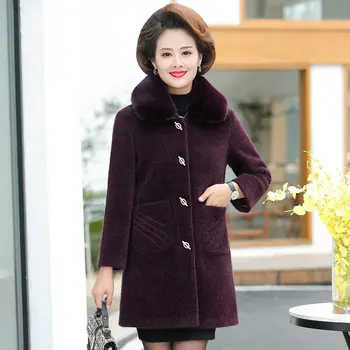 

Winter Tweed Coat Women Thicken Quilted Woolen Blend Overcoat Middle Aged Woman Fur Collar Single-Breasted Basic Jacket Purple