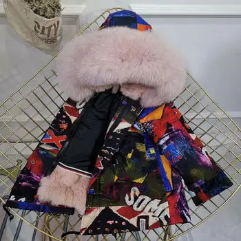 

Children Winter Jacket Graffiti Boys Girls Real Fur Coat Thick Warm Rabbit Fur Kids Jacket Coat Furry Natural Fur Collar TZ428