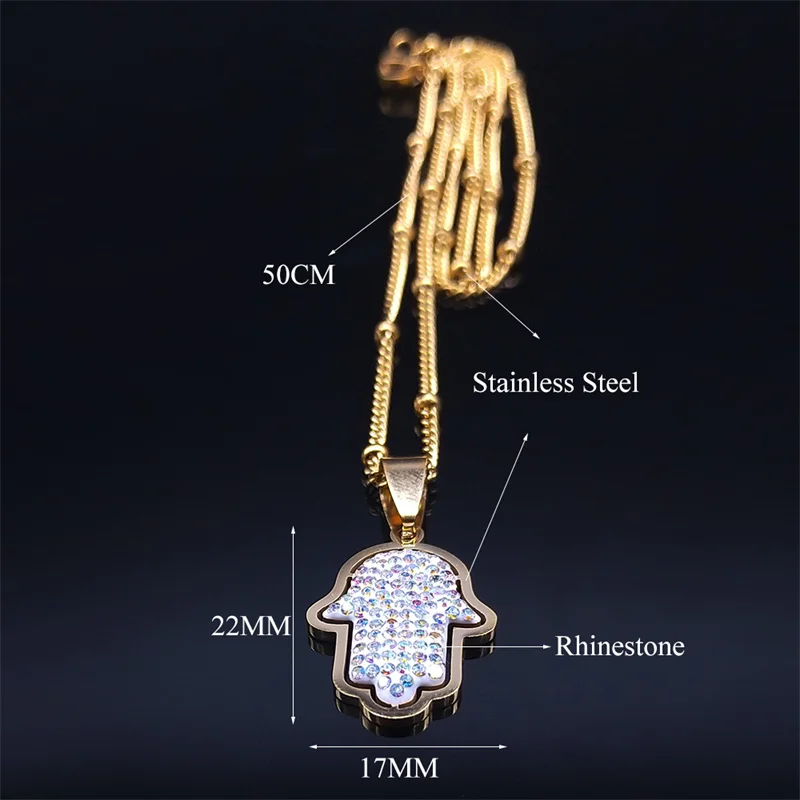 Edelstahl Weiße Kristall Fatima Hand Halsketten Damen Hamsa Anhänger Halsketten Schmuck Hand der Fatima Edelstahl N8046 – Detail 1