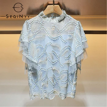 

SEQINYY Blue Top 2020 Summer Spring New Fashion Design Women Embroidery Flowers Mesh Short Sleeve Ruffles Loose Blouse