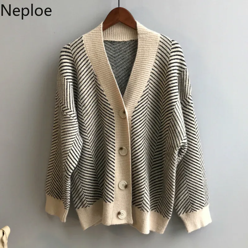 Neploe Ins, свободные безумные стильные Полосатые кардиганы, свитер с v-образным вырезом, с одной грудью, из кусков, Женское пальто, осень-весна, вязанное 47591