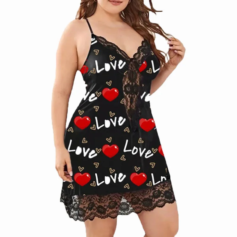 Women Underwear Sling Nightdress Sexy Lingerie Nightie Sleepwear Printing Satin Sleep Nightgowns Plus Size