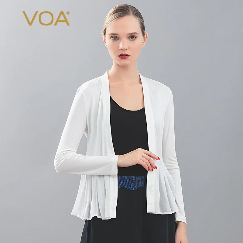 VOA Dark Blue Silk Knitted Long Sleeve Stitching Light Penetrating Cardigan Air Conditioning Shirt Sunscreen Jacket B9055 | Женская