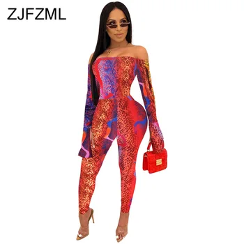 

Snake Print Sexy Bandage Jumpsuit Women Off Shoulder Open Back Bodycon Long Sleeve Bodysuit Party Club One Piece Skinny Overall