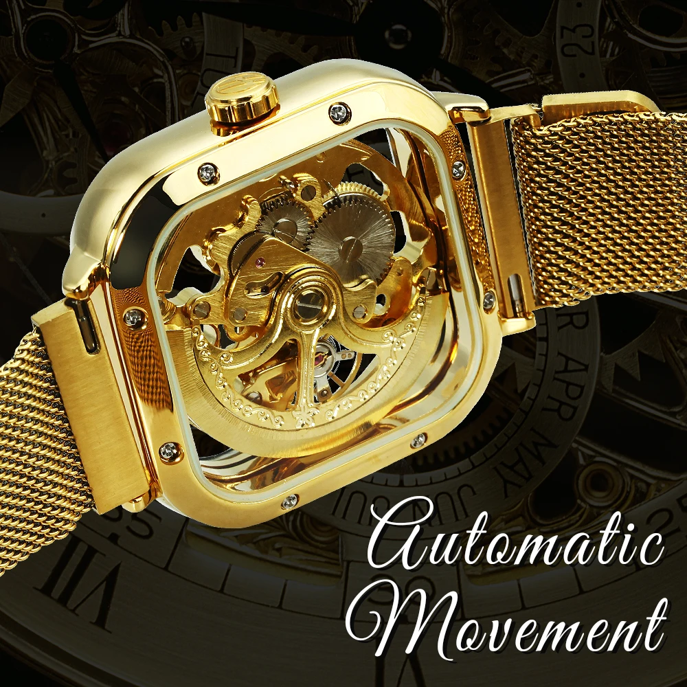 Watches Mens Automatic Mechanical Watch Gold Transparent Mesh Steel Wristwatch Skeleton Forsining mechanical watch