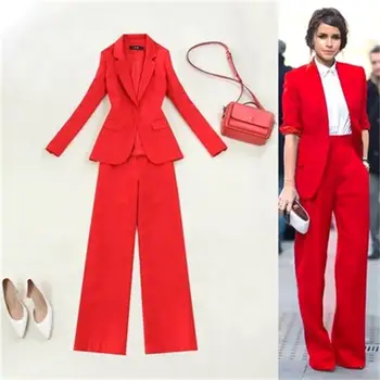 

size Fashion spring red suit femme summer New casual big red Slim one button suit wide leg pants suit women