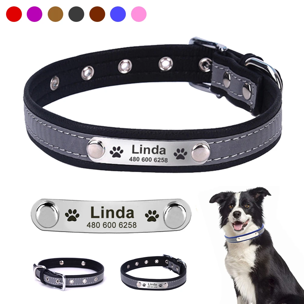 Personalized Dog Collars Reflective Leather ID Custom Tag Engraved Pet