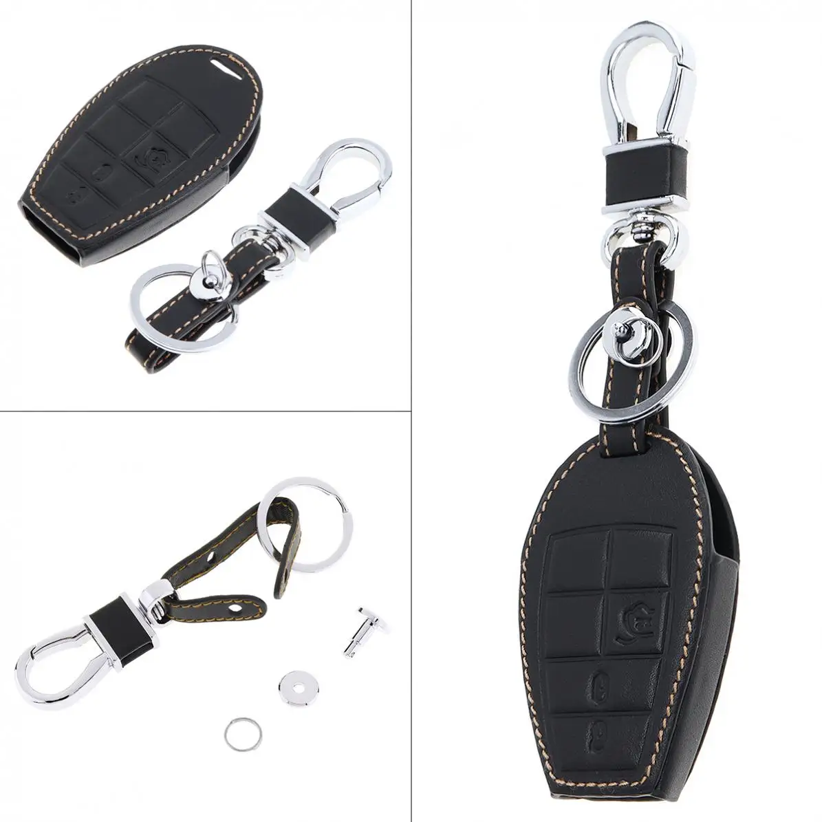 

5 Buttons 3D Leather Car Key Cover Protector Holder with Hanging Buckle Fit for Volkswagen / Jeep / Chrysler