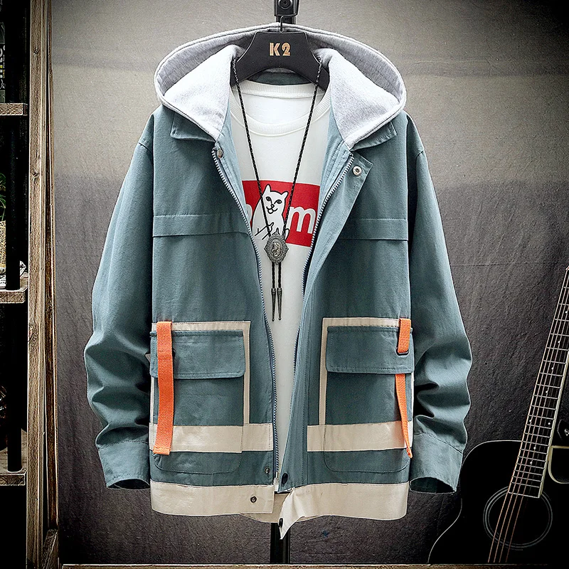 Spring Autumn Mens Mixed Color Hooded Jacket Cargo Style Safari Casual Coats Loose Outwear Male Jackets T67