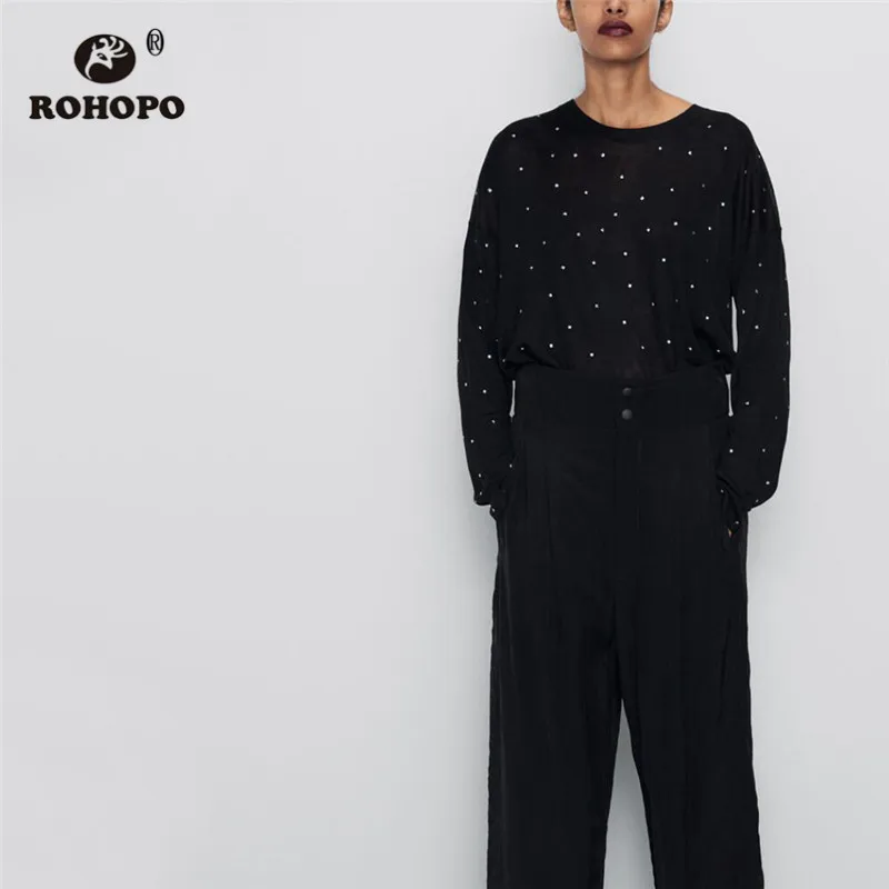 

ROHOPO Round Collar Rivet Long Sleeve Black Grey Sweater Ladies Autumn Pullover Knitted Tops Knitted Outwear #9573