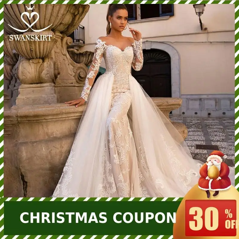 Сексуальное свадебное платье «русалка» со съемным шлейфом, шикарная юбка, 2 в 1, платье невесты, Милая Аппликация, длинный рукав, vestido de noiva LZ06
