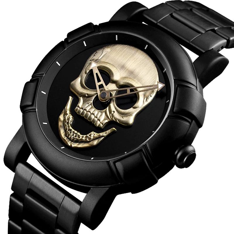 Cool Man Steampunk Skull Head Watch Men 3D Skeleton Engraved Gold Black Mexico  Punk Rock Dial Clock Watches Relogio Masculino