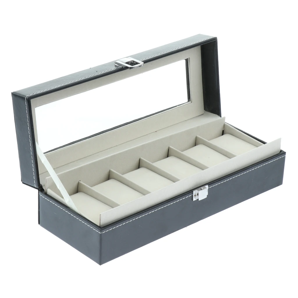 6 Slots Classy Watch Box Holder, Wristwatch Display Case Storage Organizer with Glass Top for Women Men Gifts