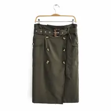 Women sexy buttons pockets green wrap skirt casual streetwear lady autumn belt straight slim mid calf skirts