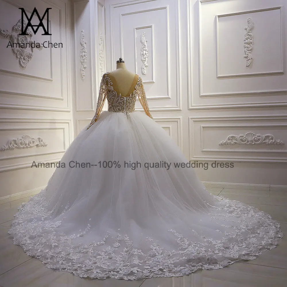Vestido de noche кружевное свадебное платье с аппликацией бисером и длинным рукавом