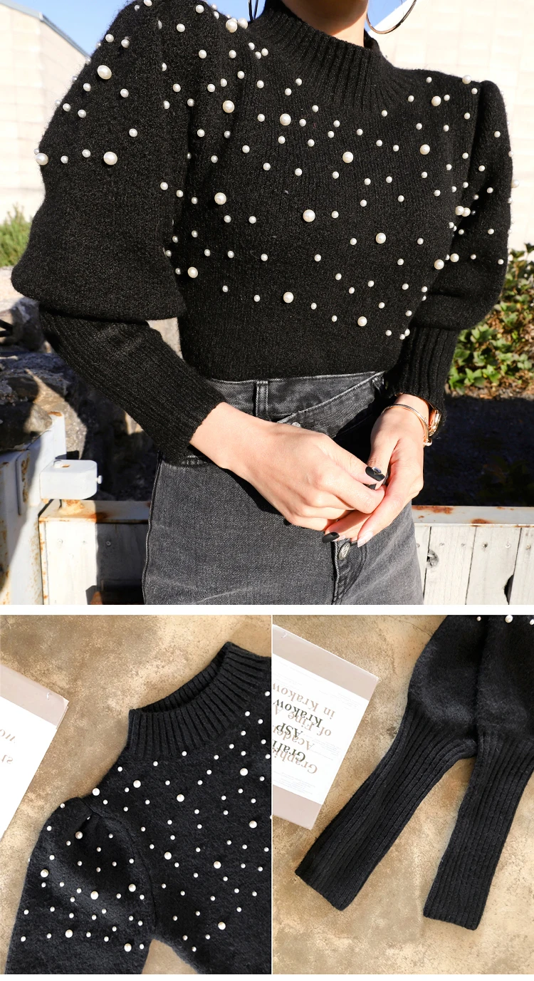 Женский свитер с круглым вырезом, украшенный жемчугом и бусинами, осень, корейский стиль, черный пуловер, элегантный повседневный вязаный джемпер Fremale