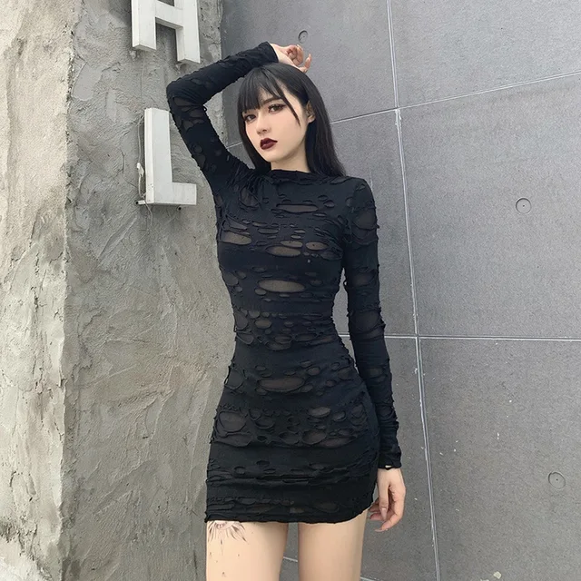 Helisopus New Gothic Black Mini Dress Streetwear Rock Punk Hollow Retro High Waist Long Sleeve Bodycon Party Dresses 2