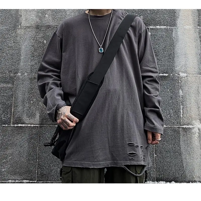 

Men's new long sleeve hip-hop hip male cotton all-match base shirt loose large size hole long T-shirt