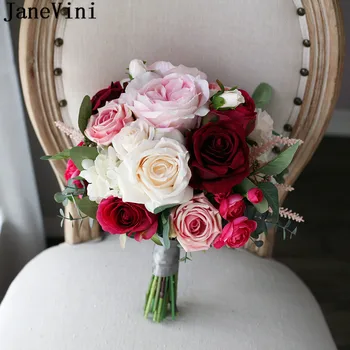 JaneVini 2021 nuevo estilo De flores para novia Rosa Artificial rojo Beige ramo De rosas boda ramo De graduación De boda De Boda boda champin