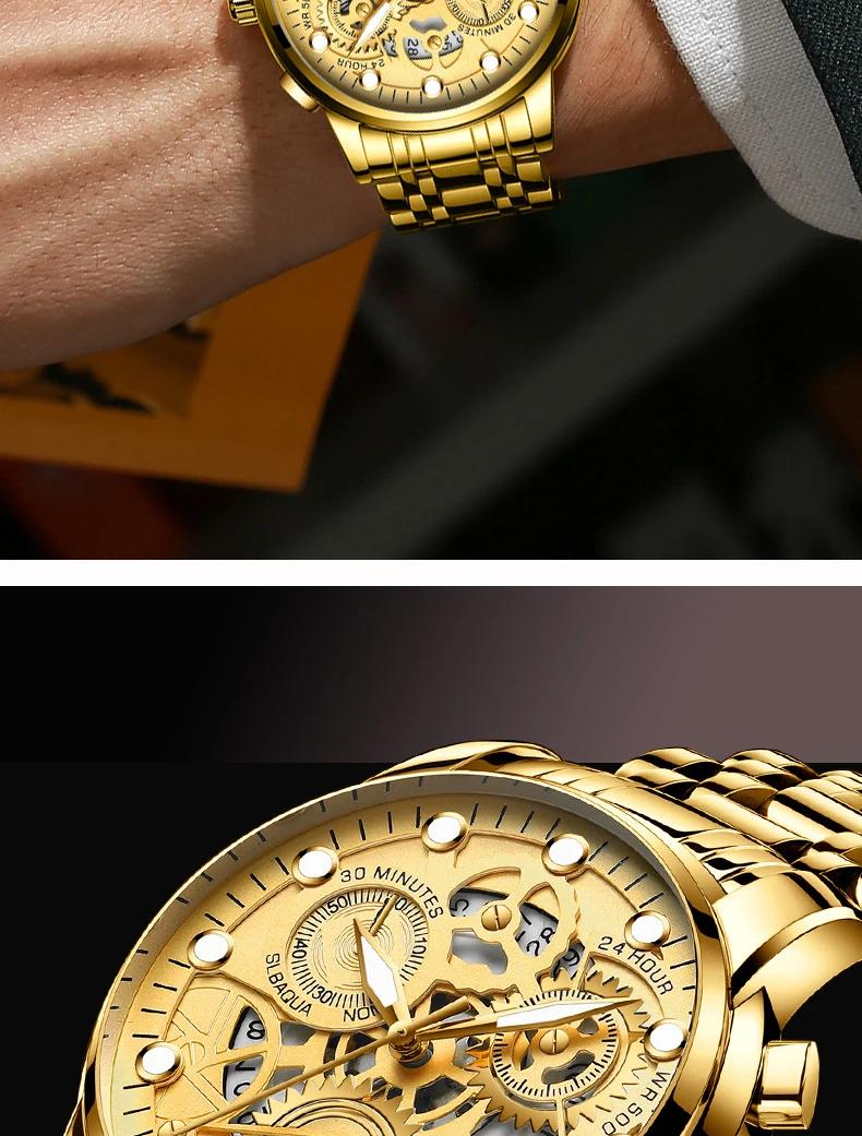 FNGEEN Brand Gold Watch Men's Hollow Quartz Watch Stainless Steel Band Waterproof Luminous Fashion Watches Relogio Masculino