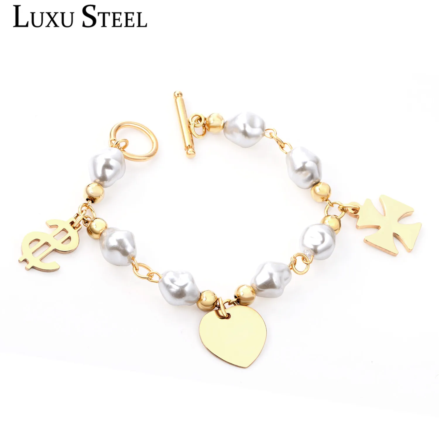 LUXUSTEEL pulsera детский браслет на запястье золотистый цвет имитация жемчуга круглые