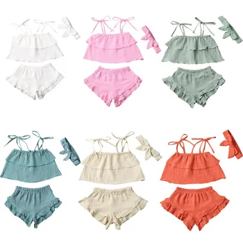 

3Pcs Infant Kids Baby Girls Clothes Sets Boho Holiday Solid Ruffles Sleeveless Lace Up Belt Vest Tops Shorts Casual Outfits Suit