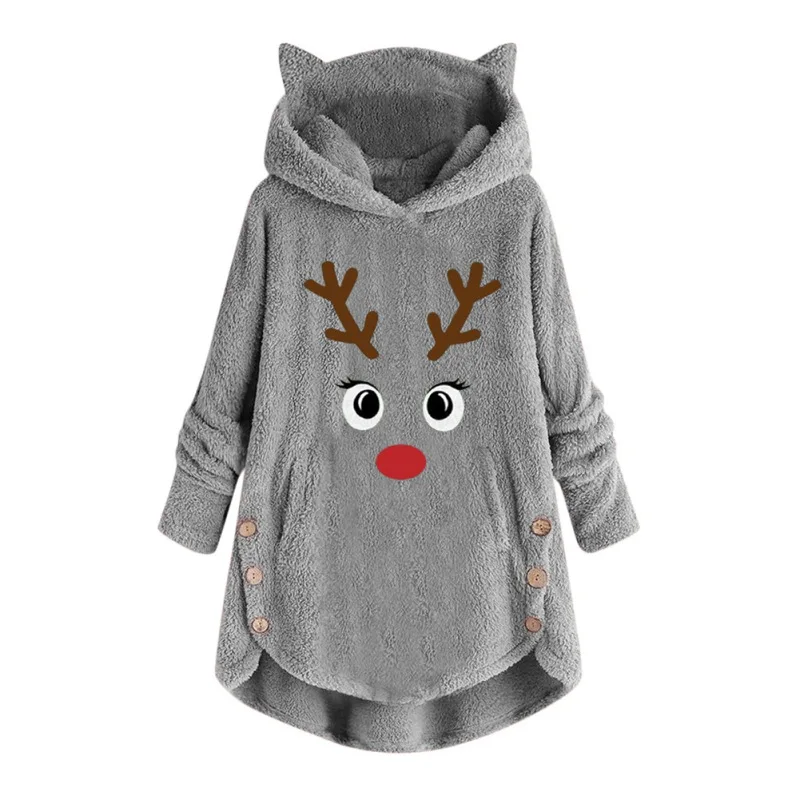 Рождественский пуловер с вышивкой оленя с капюшоном; зимний плюшевый Повседневный пуловер с капюшоном и кошачьими ушками; Необычные теплые толстовки - Цвет: Серый